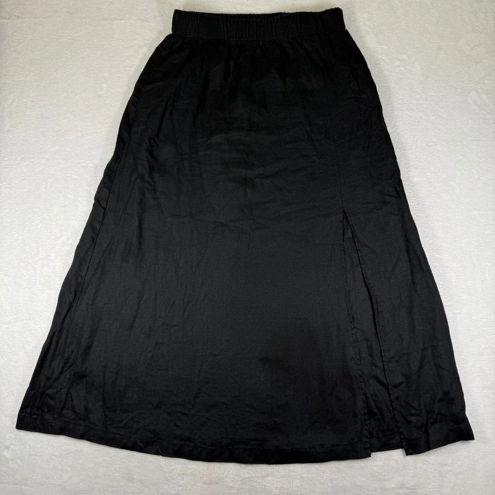 Quince 100% European Linen Maxi Skirt Black Side Slit Pockets Small MIVN004